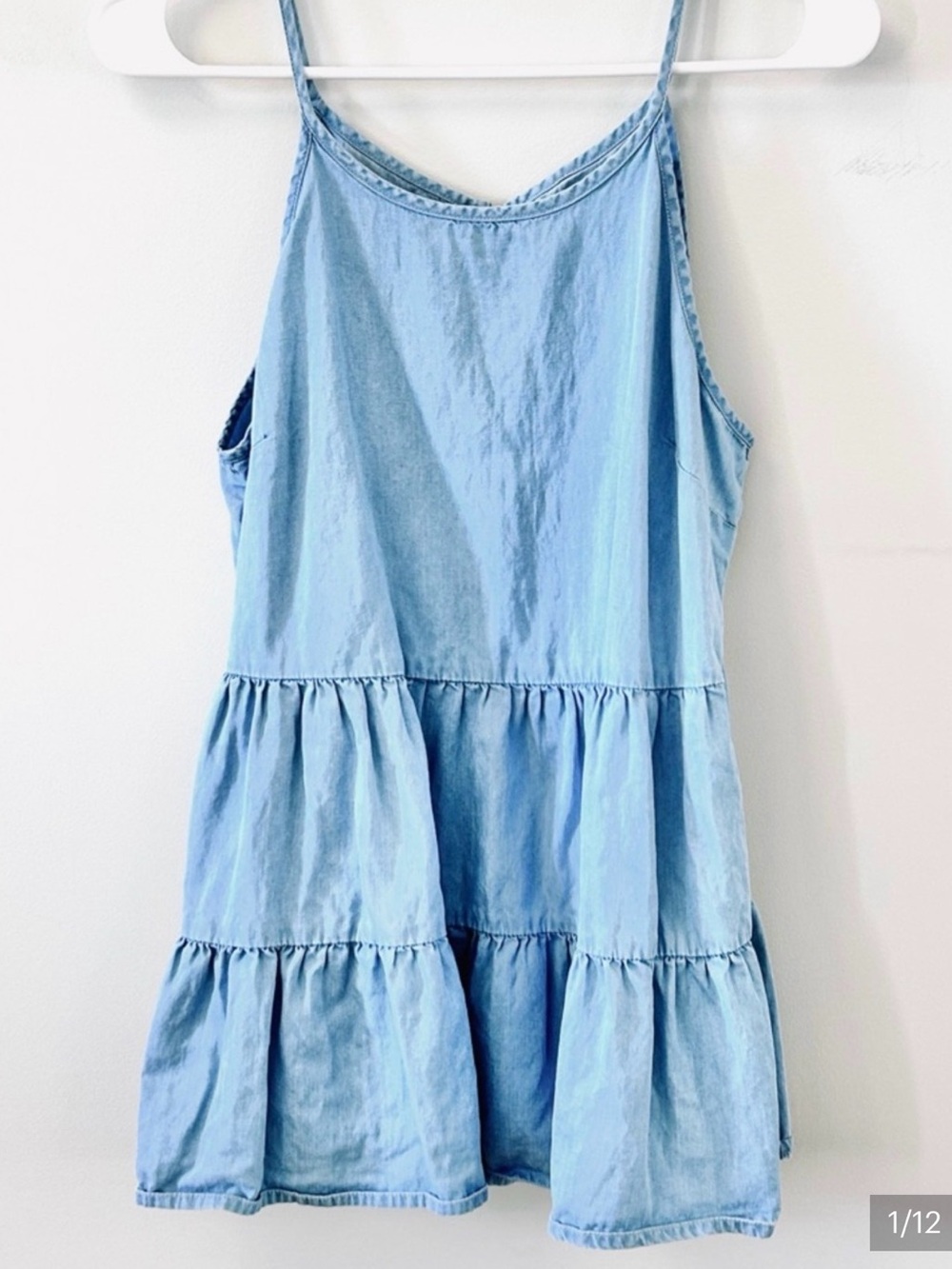 Japna Light Blue Denim Dress Tiered Chambray Spaghetti Strap Top Size L